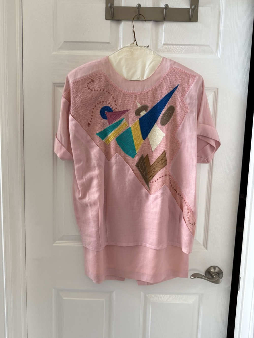 Vintage Pink Embroidered Silk Blouse with Geometric Applique and Matching Skirt